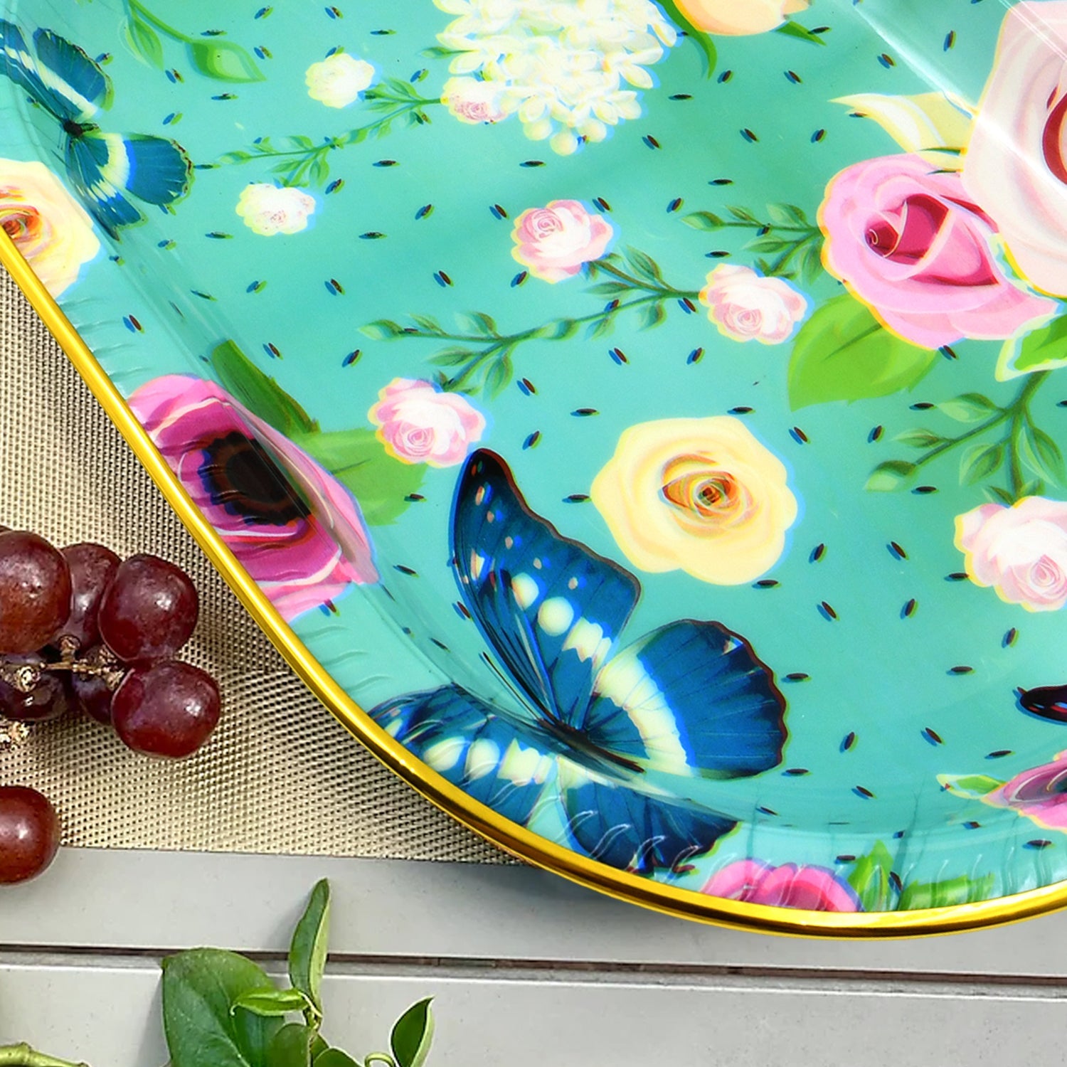 Big Plastic Flower Printed Design Serving Tray (1 Pc / 35 x 24 CM / Mix Color)