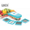 Blue plastic vegetable dicer by Ganesh, 7-in-1, shown from multiple angles.