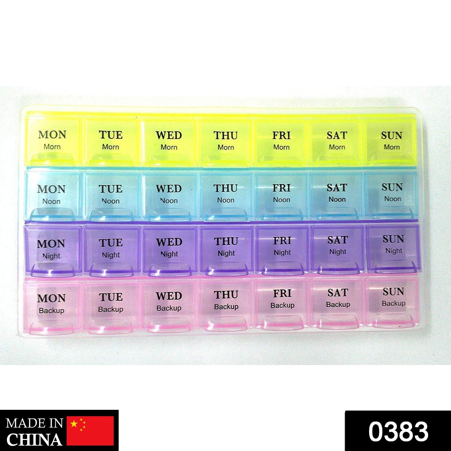 Compact pill storage container with labeled sections for daily medication.