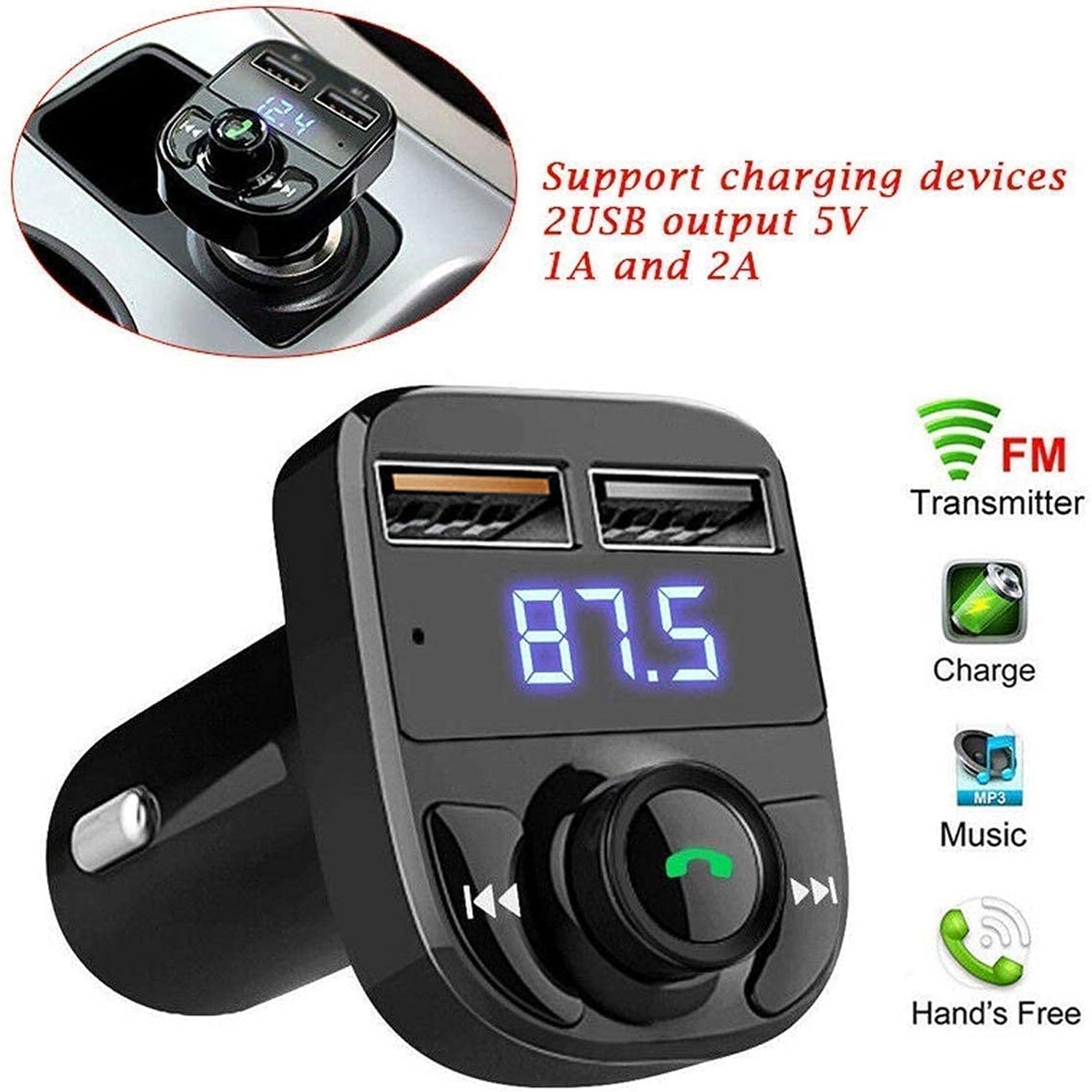 CAR-X8 Bluetooth FM Transmitter Kit for Hands-Free Call Receiver / Music Player / Call Receiver / Fast Mobile Charger Ports for All Smartphones with 3.1A Quick Charge Dual USB Car Charger