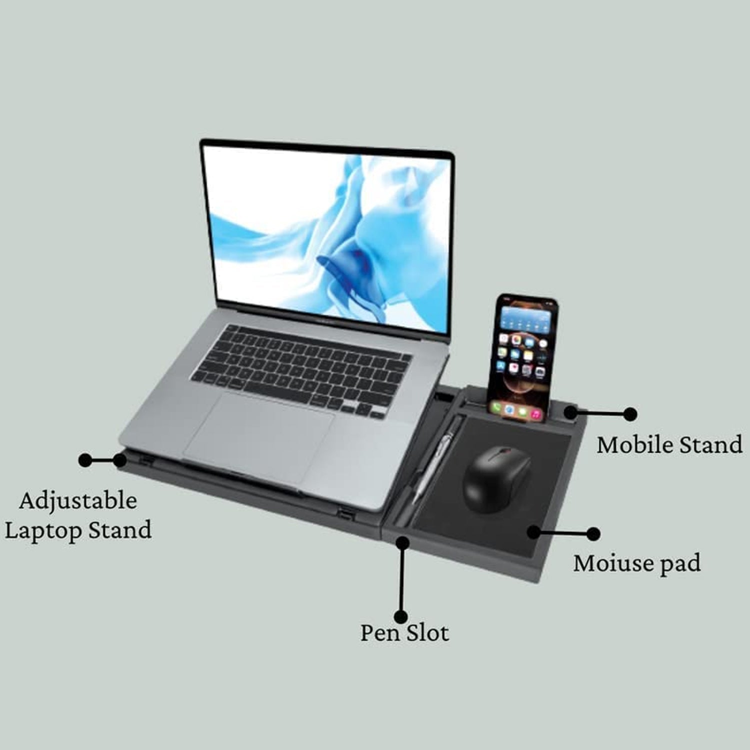 Portable laptop stand with phone holder, foldable, compatible with notebooks.