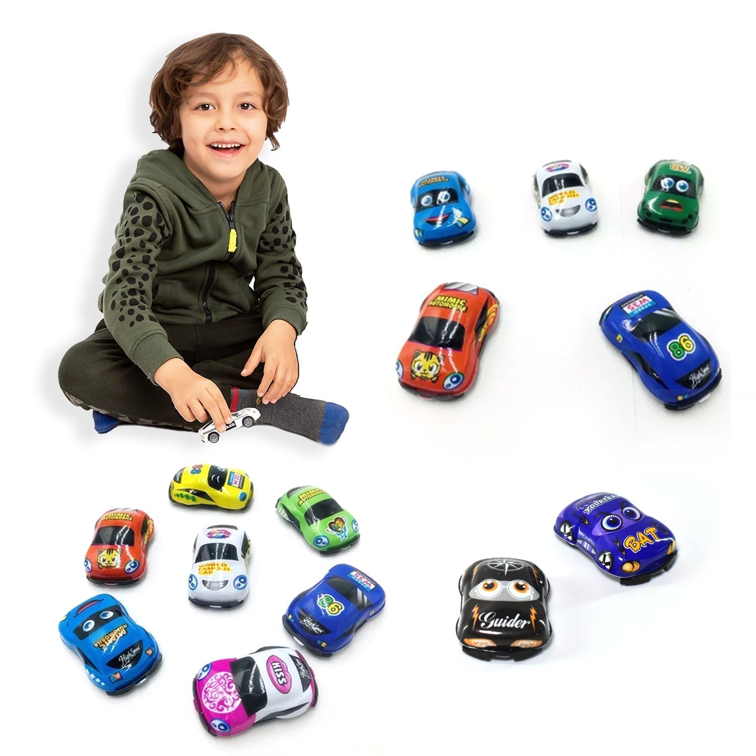 Mini pull back cars in assorted colors, great for kids' playtime.