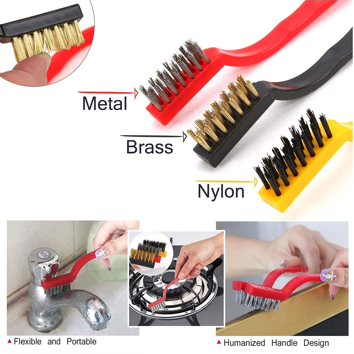 2166 3pc  Mini Wire Brush Set Brass Nylon Stainless Steel Bristles Household Cleaning Brush for Gas Stove, Smoke Machine Tool Burner Tiles Tap Rust Removal Welding Slag Dirt & Paint Scrubbing.