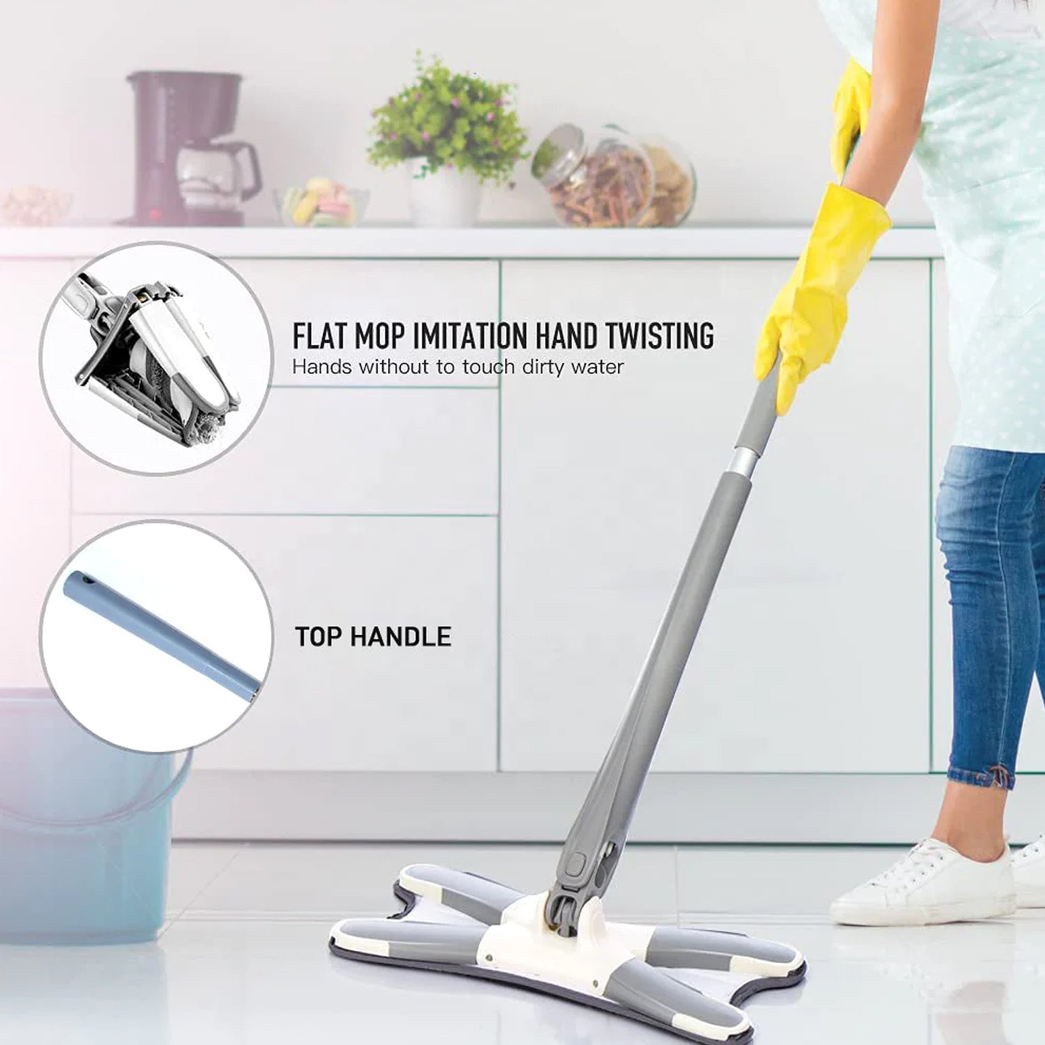 7818 Adjustable Long Handle 360 Degree Flat Hand Mop, X Type, Automatic Water Rotation for Wood, Ceramic Tile, Easy Squeeze Mop for Floor, Window, Wall, Kitchen, Sofa, Corners, Ceiling