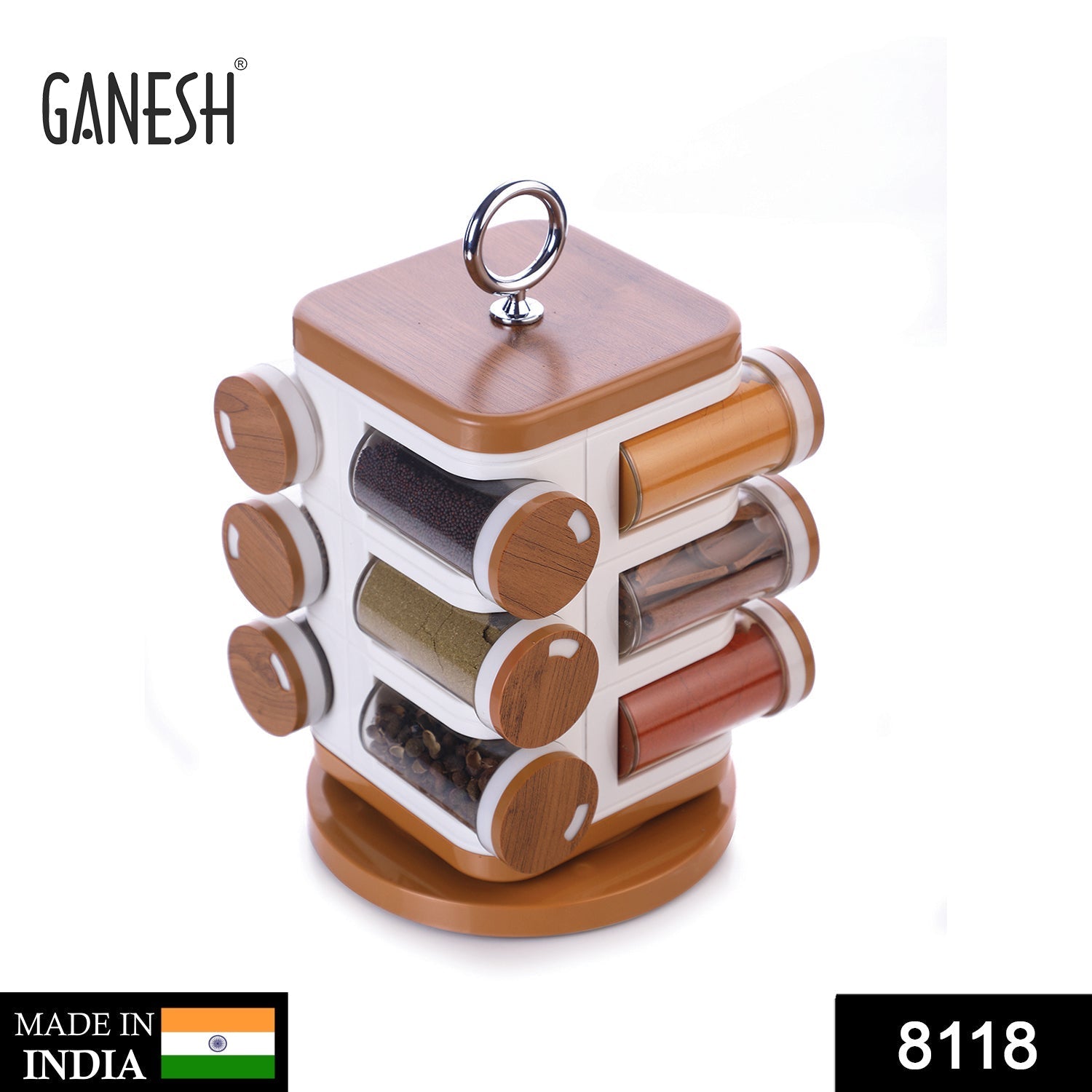 12-jar revolving spice rack by Ganesh, masala box, jars arranged.