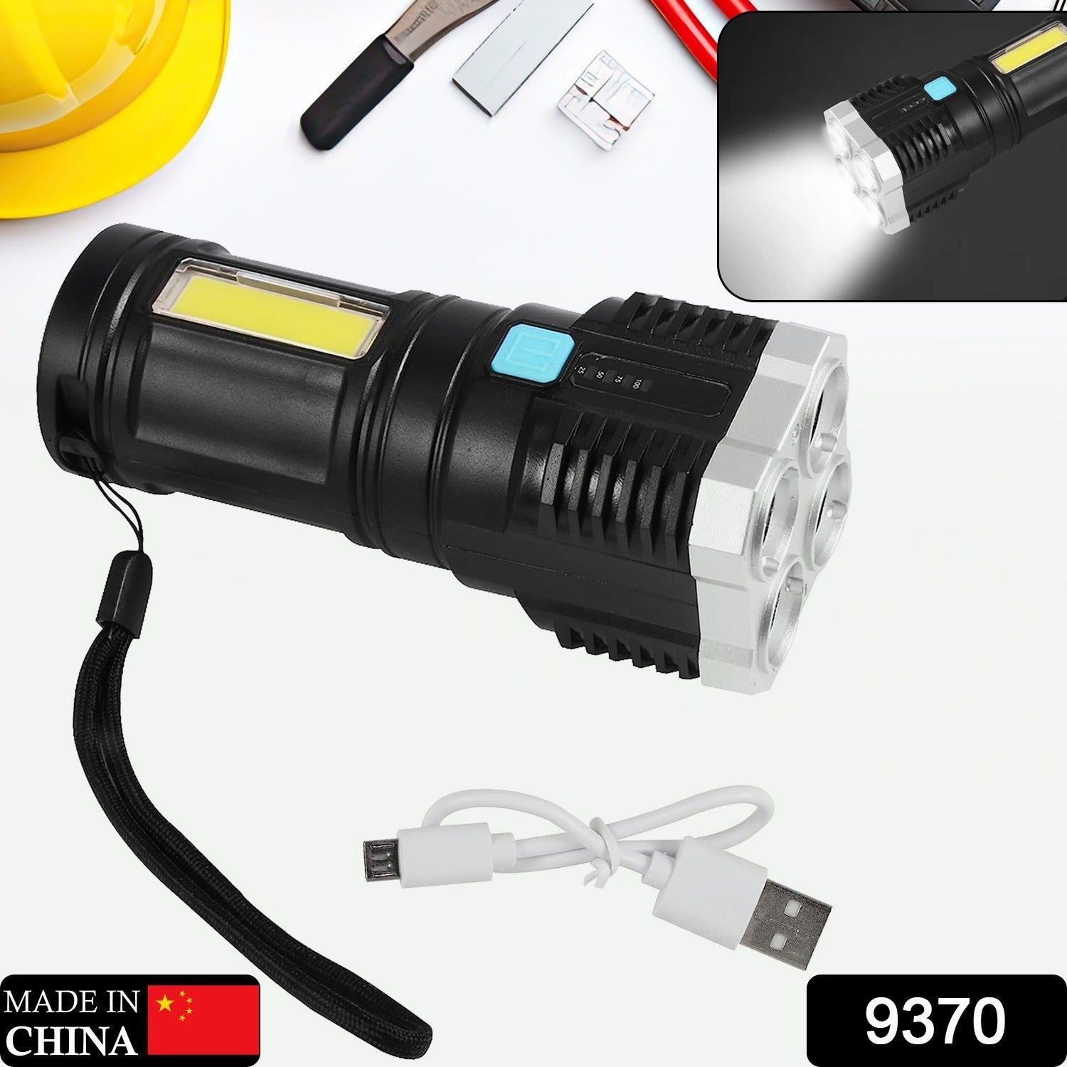 9370 Multifunctional Strong 4 LED Torch Light, Portable Rechargeable Flashlight Long Distance Beam Range 800 Lumens COB Light 4 Mode Emergency for Hiking, Walking, Camping (4 LED Torch)