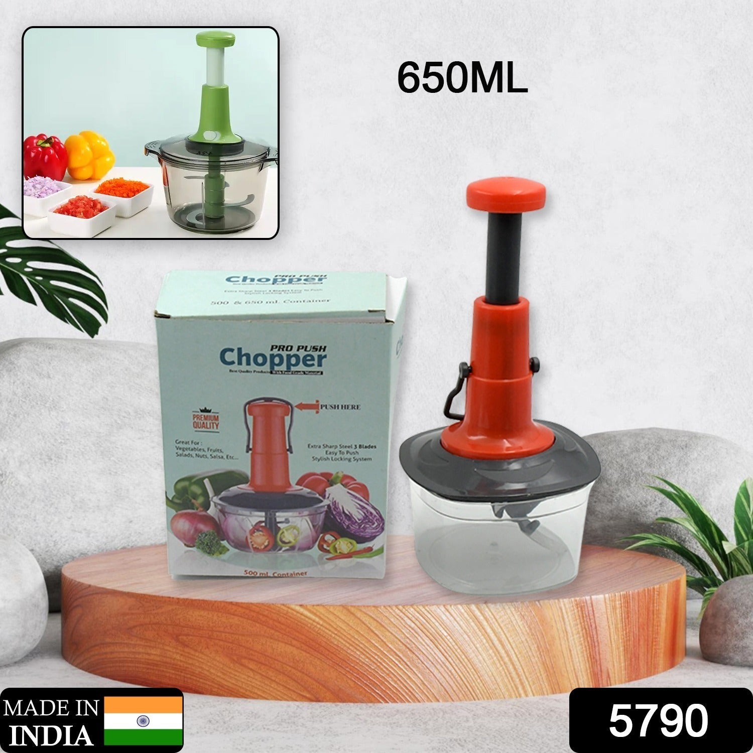 5790 Manual Press Fruit & Vegetable Chopper, with 3 Stainless Steel Blades, Anti-Slip Base, and Locking System, Cutting Chopper For Kitchen (650 ML)