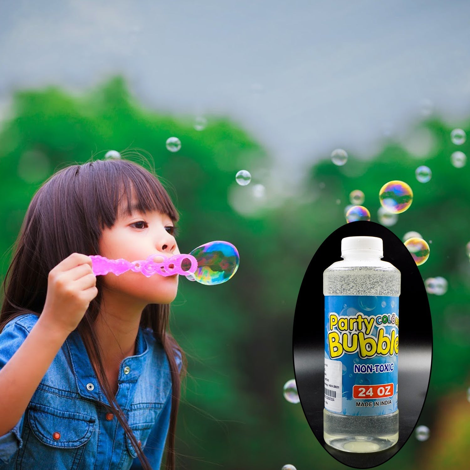 Bubble gun liquid refill bottle with label and a blue cap