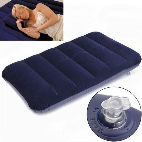 Blue inflatable travel pillow for comfort.