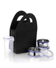 Stainless steel lunch containers set with 3 leakproof compartments and a bottle.