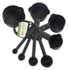 Black plastic measuring cups and spoons set.