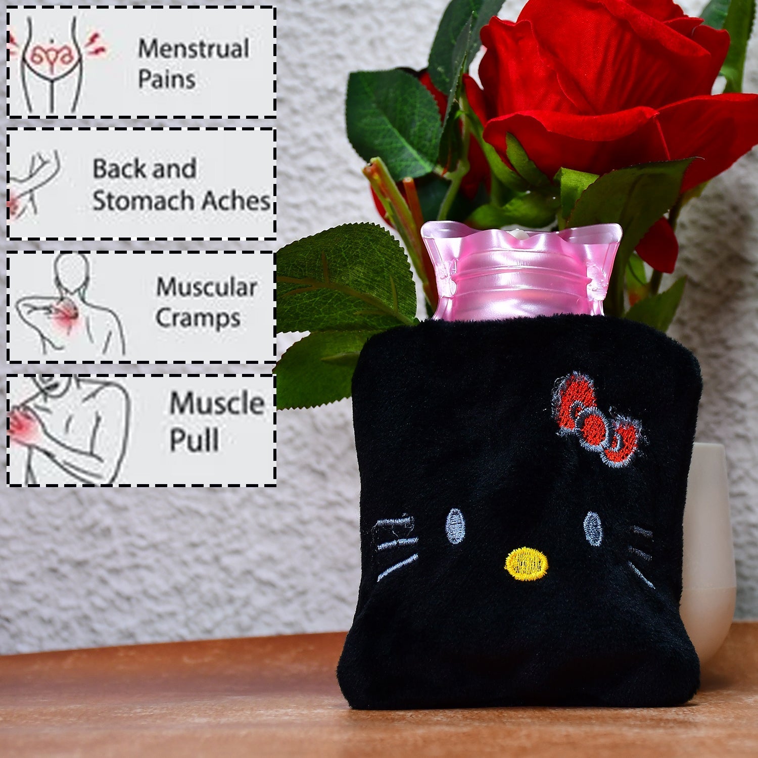 Hello Kitty hot water bag in black for warmth and pain relief