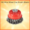 Wire cup brush in black for versatile cleaning.