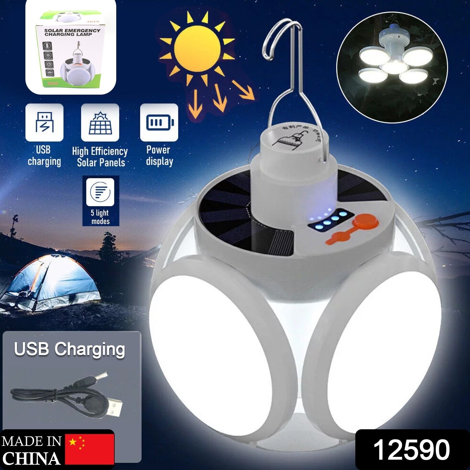 12590 Solar Multi-Functional Emergency LED Light Bulb with USB Charging, LED camping lamp, camping lamp, USB rechargeable, 5 brightness light modes, foldable camping light, SOS IP65 waterproof camping light, blackout emergency equipment, camping gadgets