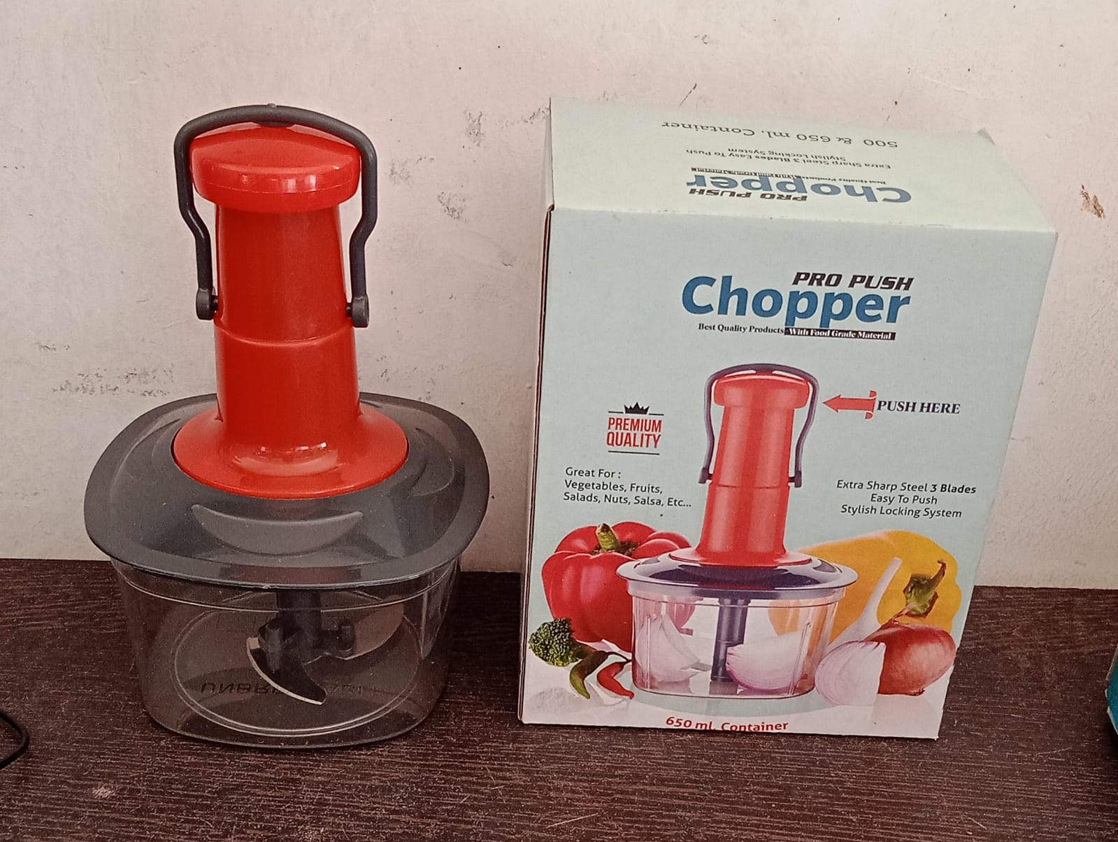 5790 Manual Press Fruit & Vegetable Chopper, with 3 Stainless Steel Blades, Anti-Slip Base, and Locking System, Cutting Chopper For Kitchen (650 ML)